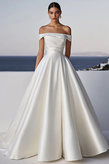 Ivory Off The Shoulder Pleated Satin Wedding Dress